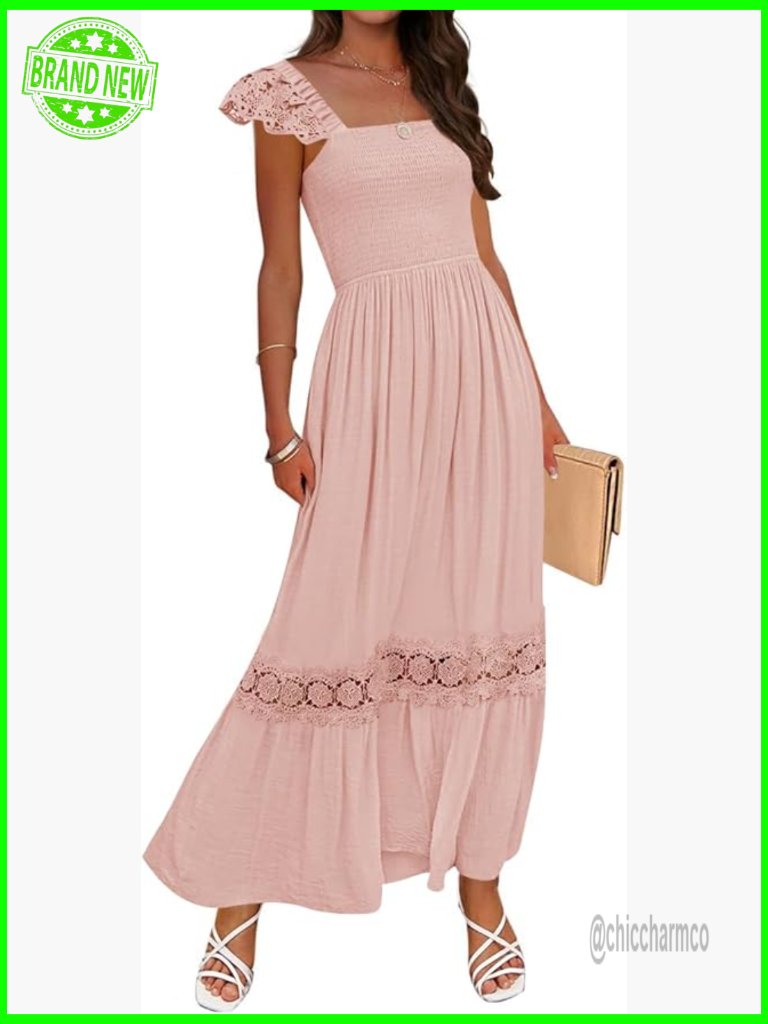 Lace Strap Sleeveless Square Neck Smocked High Waist Ruffle Maxi Dress
